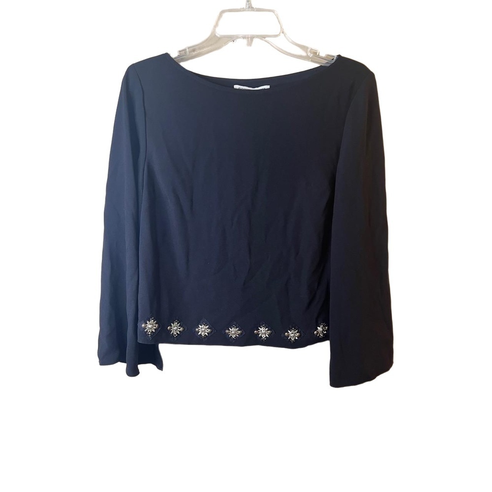 Elizabeth And James Black Scoop Neck Embellished Hem Long Bell Sleeve Top Small